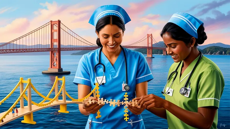 Two Indian nurses smiling with the Golden Gate Bridge in the background